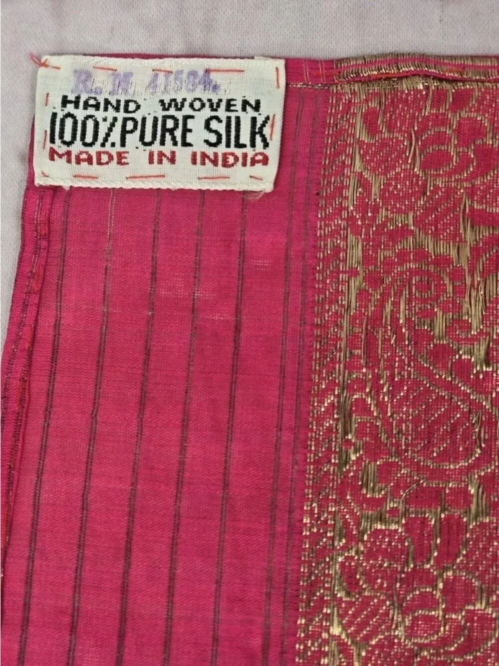 Hand Woven 100% Pure Silk MAGENTA PINK GOLD Made in India Saree Scarf @ 43